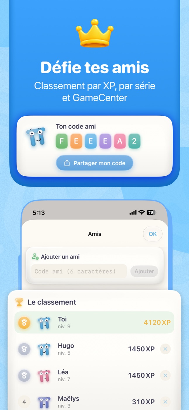 Mathik — défie tes amis : classement par XP, par série et Game Center