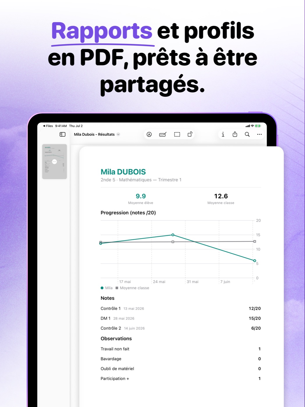 TeachBook — rapports et profils élèves exportés en PDF
